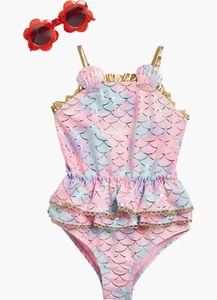 BMagical Kids Mermaid Ruffle One-piece Swimsuit & Sunglasses Set NWT UPF 50+ - Picture 1 of 7