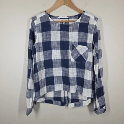 Tela y Piedra Azul Marino Blanco Cuadros Búfalo Cuadros Botón Espalda Manga Larga Pequeño Foto 1 de 4