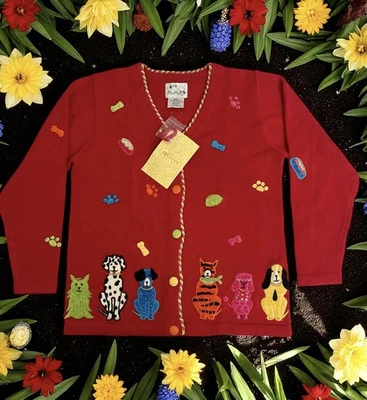 New The Quacker Factory Red Cardigan Dog Appliqué Sweater Size S - Image 1 of 2