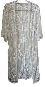 Kimono Plumero Grande Tejido Corazón Color Crema Encaje Bordado Boho Playa - Imagen 1 de 5