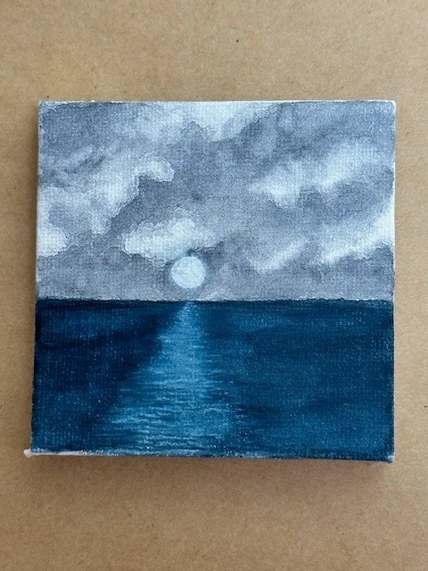 Pintura en lienzo de acuarela 3 x 3 pulgadas océano luz de luna luna agua naturaleza arte Foto 1 de 1