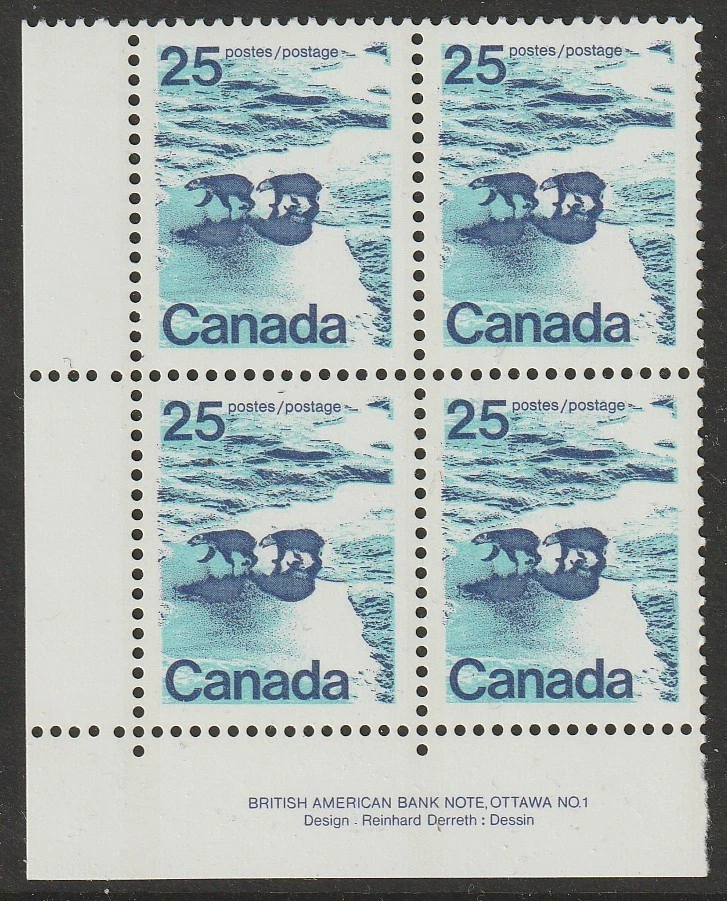 Canadá #597a, paisaje, osos polares, LL bloque de 4, placa #3, MNH 1972 Foto 1 de 1