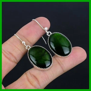 Oval Green Fire Labradorite Gemstone Drop Daughter Gift Earrings Sterling Silver - Picture 1 of 6