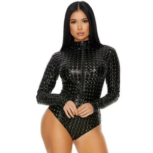 Hologram Bodysuit Long Sleeves Zipper Front Mock Neck Textured Romper 555214 - Picture 1 of 11