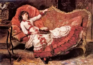 Oil painting eduardo leon garrido - an elegant lady in a red dress on the sofa - Picture 1 of 1
