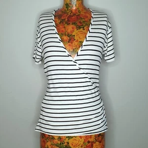 SEED HERITAGE - Size M 'Wrap Detail Top' white black stripe short sleeve ribbed - Picture 1 of 6