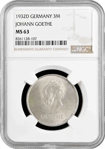Weimar Republic 3 reichsmark 1932 D, NGC MS63, "100th Ann. - Death of Goethe" - Picture 1 of 2