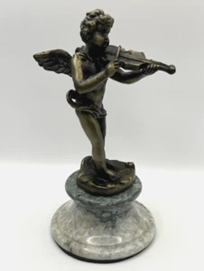 Bronzo vintage? Ottone? Statua Cherubino che suona violino statuina statuina base marmo - Foto 1 di 15