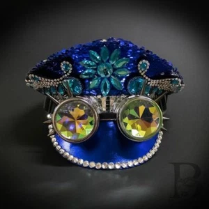 Steampunk Costume | Royal Blue Steampunk Glitter Hat Goggles Halloween Costume F - Picture 1 of 5