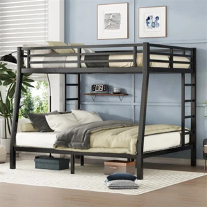 Metal Bunk Bed Full XL Over Queen Size w/2 Side Ladder for Teens & Adults-Black - Picture 1 of 13
