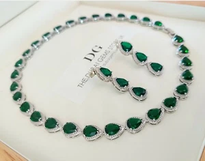 White gold finish green emerald pear cut created diamond necklace earring Set - Picture 1 of 6