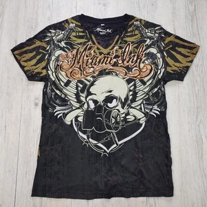 Y2K Miami Ink Black Unisex T-Shirt Size S Bold Skull Gas Mask Dragon Graphic Tee - Picture 1 of 8