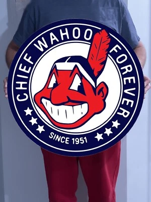 MLB Cleveland Indians Chief Logo Wood Sign 24" Wall Decor Handmade Laser Cut Out - Image 1 of 2