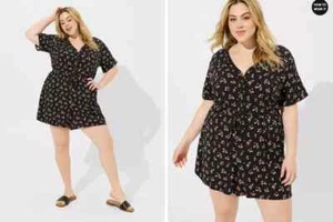 Torrid Womens 2X Rayon Slub Button Front Romper Heart Pop Floral Black Pockets - Picture 1 of 19
