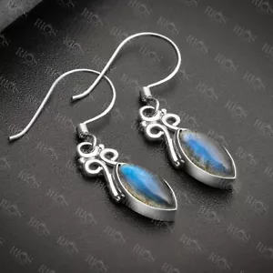 925 Sterling Silver Natural Labradorite Marquise Dangle Drop Earrings Gift Boxed - Picture 1 of 5