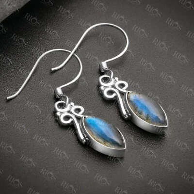 925 Sterling Silver Natural Labradorite Marquise Dangle Drop Earrings Gift Boxed - Imagem 1 de 4