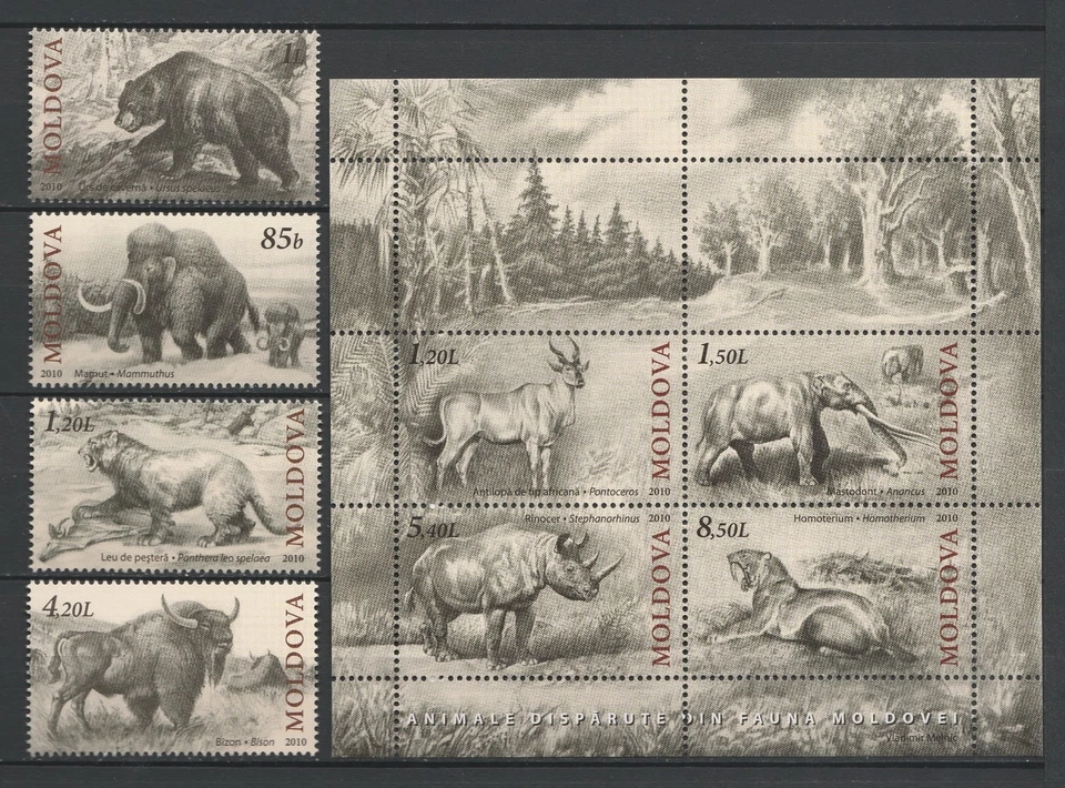 Moldova 2010 Animals, Extinct Fauna of Moldova, MNH sheet + stamps - Image 1 of 1