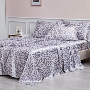 Leopard Pattern Sheet Set Soft Satin Silk Bed Sheet with Fitted Sheet Pillowcase - Picture 1 of 11