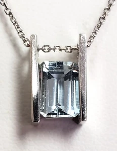 CID 10K White gold Blue Stone pendant w/18" 14K gold chain - Picture 1 of 12