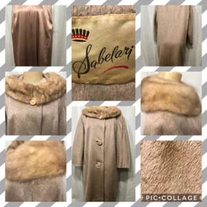 Vtg 50s SABELARI Taupe Camel Hair Silver Tan MINK FUR Wedding Ring Collar Coat L - Picture 1 of 12
