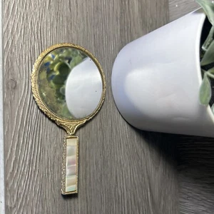 Vintage Brass Handheld Vanity Mirror Mother of Pearl Handle 2-Sided Mirror 4.5" - Picture 1 of 8