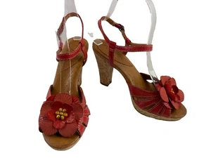Naya Wanita Womens Shoes Red 6 M Leather Flower Straps Slingback Heel Sandals - Picture 1 of 12