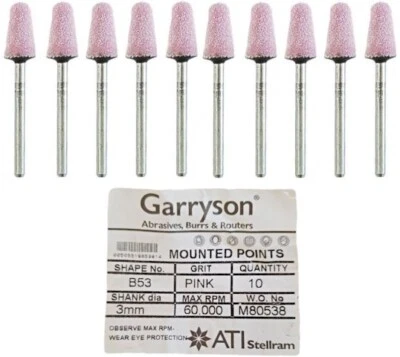 10x GARRYSON B53 Mounted Point GRINDING WHEEL Abrasive Stone PINK 3mm Shank - Image 1 of 4