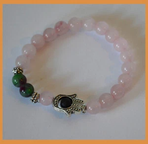 Rosenquarz mit Anyeolith Perlen Hamsa Energie Heilung Schutz Armband - Bild 1 von 3