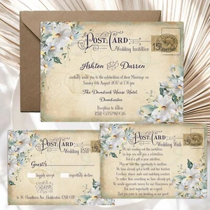 PERSONALISED VINTAGE POSTCARD DUSKY GREY DAISIES WEDDING INVITATIONS PK OF 10 - Picture 1 of 1