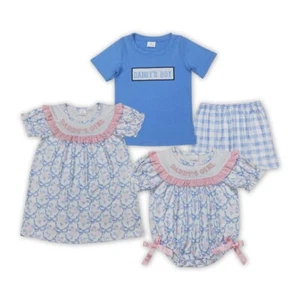Vestito e pagliaccetto papà ragazza ragazzo fratello abbigliamento estivo floreale blu fiocco - Foto 1 di 8