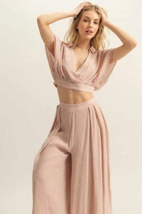 Crop Top Set - Kimono Sleeve - Wide Leg Pants - Two Piece Outfit - Picture 1 of 6