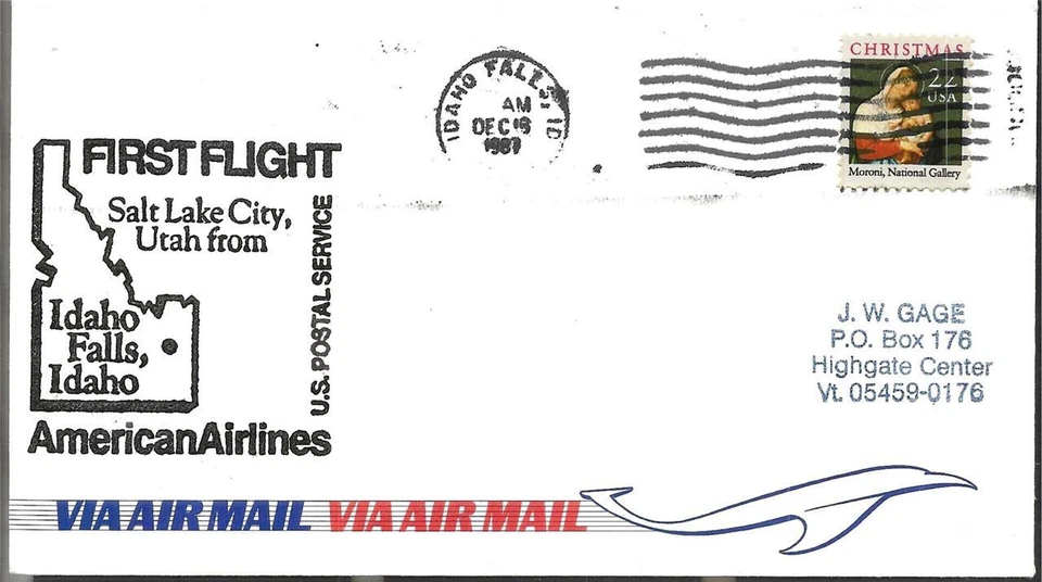 FFUS Airmail Flight Idaho Falls ID - Salt Lake City UT 18 Dec 87 AAMC#AA-D308S - Image 1 of 1