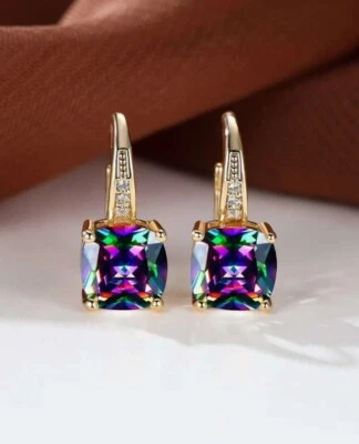 Womens Girls Gold Metal Multicoloured Square Gemstone Decor Dangle Earrings Gift - Image 1 of 4