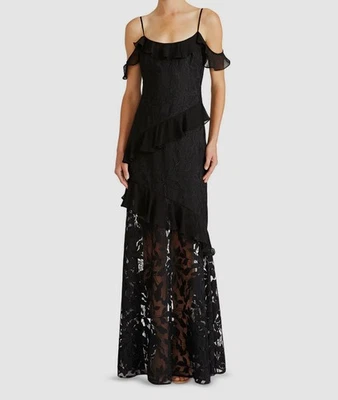 Vestido para mujer ML Monique Lhuillier negro con volantes de encaje hombro frío Sienna talla 2 Foto 1 de 4