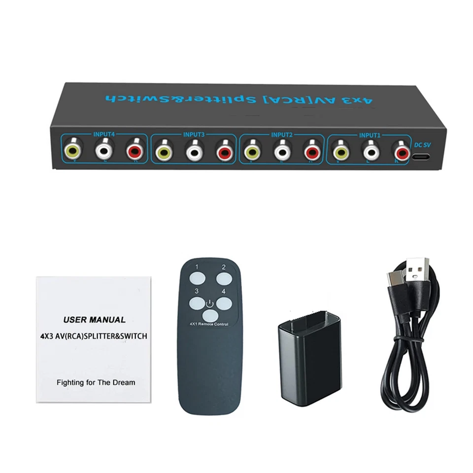 4 In 3 Out AV Switch RCA Switcher Box Video L/R Stereo Audio AV Selector Box - Image 1 of 4
