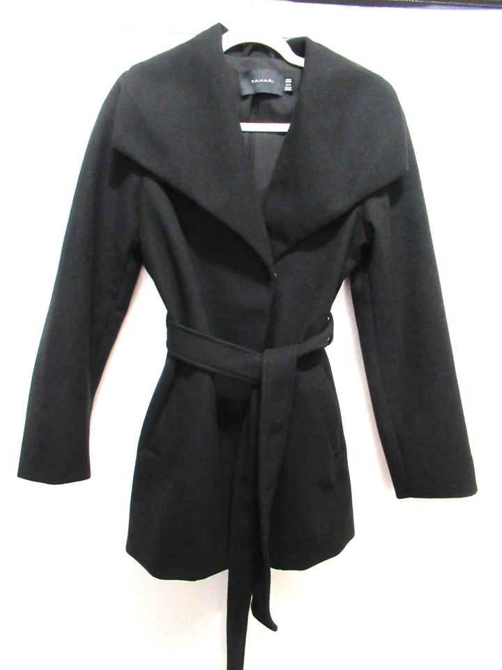 Abrigo para mujer Tahari talla mediana forrado negro con cinturón de longitud media mezcla de lana Foto 1 de 4