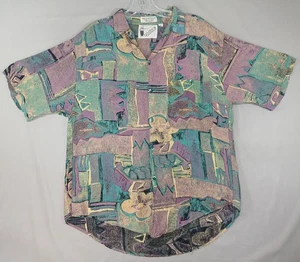 Vintage Goouch Shirt Mens Small Purple Green Rayon Abstract Art Button Up 90s - Picture 1 of 6