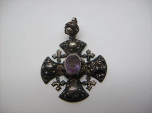 Vintage Jerusalem 950 Silver & Purple Amethyst Maltese Cross Pendant - Picture 1 of 15
