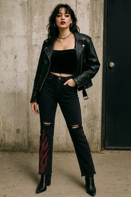 Pantalones de mezclilla CARMAR Mia Flame 28 nuevos con etiquetas negros desgastados estrás Y2K motociclista grunge gótico Foto 1 de 4