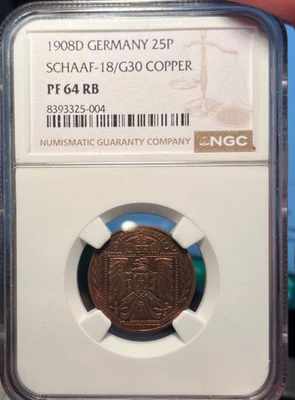 1908-D Alemania 25 Pfennig Scaaf # 18/G30 NGC PROOF-64 RB recién graduado Foto 1 de 3