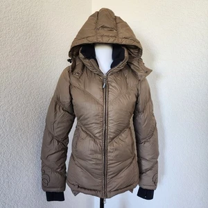 Athleta Dusty Brown Puffer Jacket XXS Winter Full Zip Goose Down Hooded Coat  - Picture 1 of 13