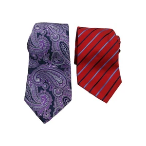 Tasso Elba Krawatte 100% Seide Krawatte rot blau gestreift & lila Paisley 2er Set - Bild 1 von 13