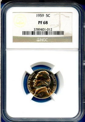 1959 P NGC PR68 Jefferson Nickel 5c US Mint Coin PF68 1959-P PR-68 - Image 1 of 3