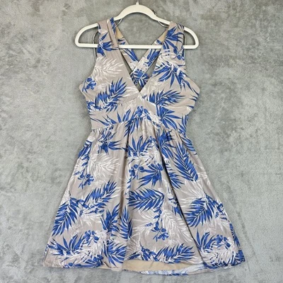 Vestido BCBGMAXAZRIA para mujer talla pequeña azul beige ajuste tropical con cuello en V y forro mini Foto 1 de 4