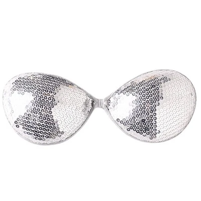 Silver Sequin Bra Adhesive Strapless Backless Reusable Push Up XB091 A Cup Small - Image 1 of 4
