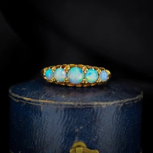 Antique Natural Opal Five Stone 18ct Yellow Gold Ring - Picture 1 of 10