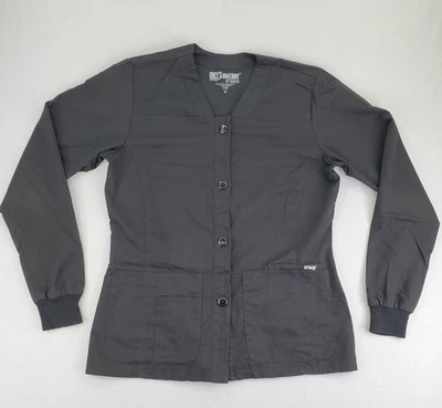 Greys Anatomy Scrub Jacket Womens M Black Button Front Long Sleeve Pockets - Image 1 of 4