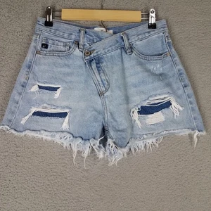 Kancan Hailey Cross Over Jean Shorts Women's Large High Rise Cut-Offs 2.5" Blue - Picture 1 of 11