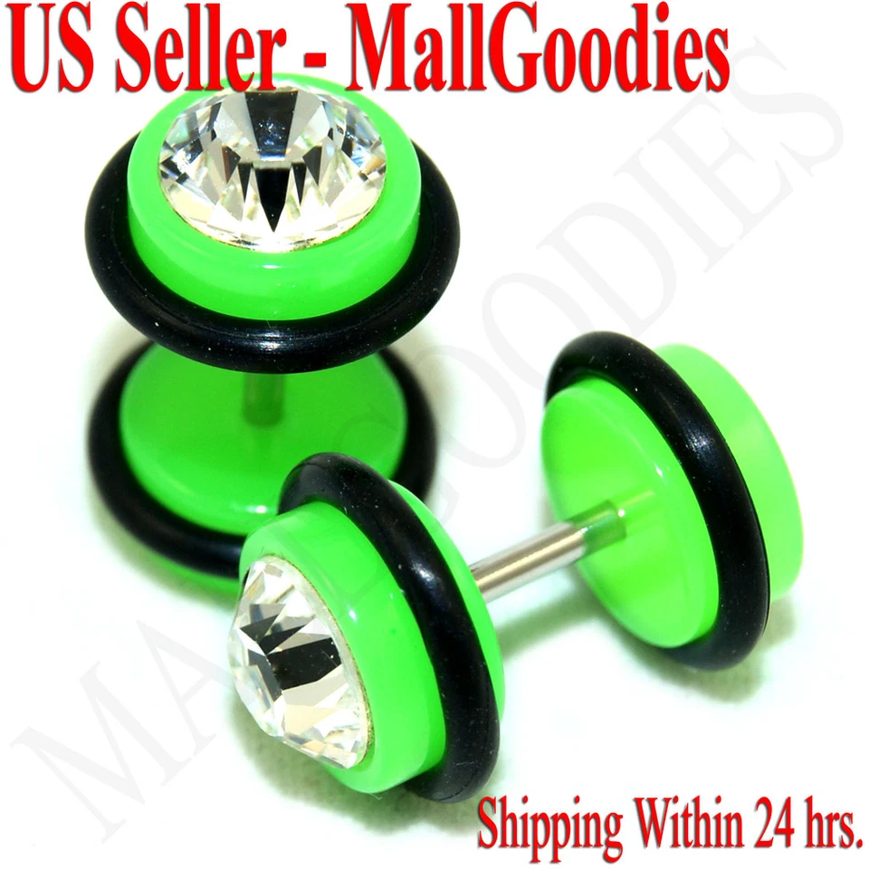 1169 Tapones para los oídos falsos ilusión tramposos 16G aspecto de barra 0G verde neón circonita cúbica transparente Foto 1 de 1