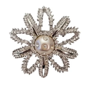 St. John Silver Tone Clear Rhinestone Faux Pearl Flower Trembler Brooch, E462 - Picture 1 of 9